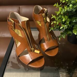 Michael Kors Womens Sandals Pumps Heels Tan Leather Zip Casual